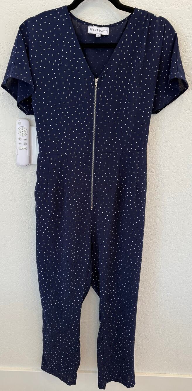 Piper & Scoot Jumpsuit Womens Navy star Print Zip Front Tie Waist Short Sleeve